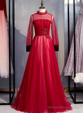 A-Line Burgundy Tulle Long Sleeve Backless Prom Dress